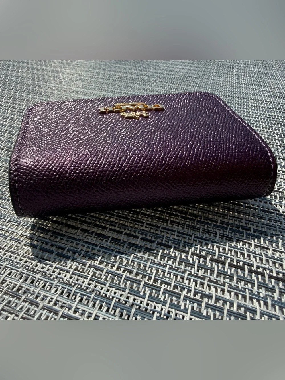 Coach metallic purple trifold button wallet